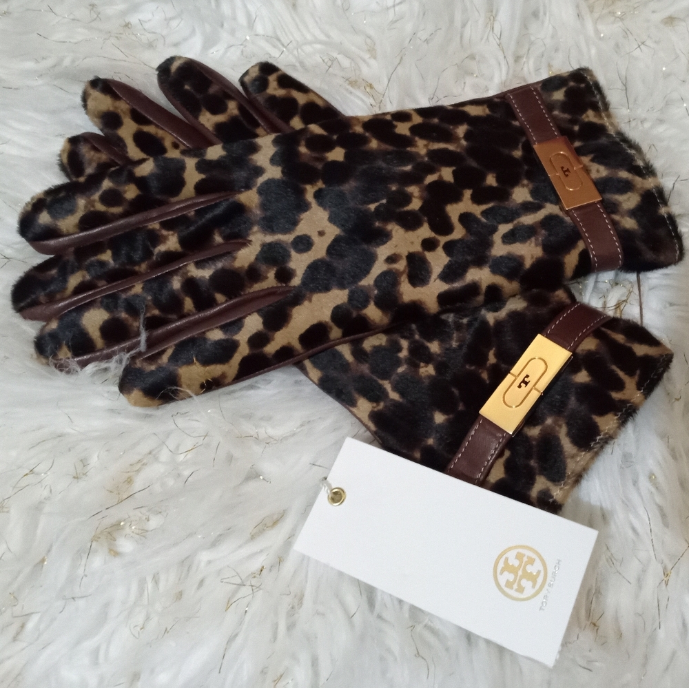 Tory Burch Brown and Black leather gloves with Leopard Print new with tags sz 6
